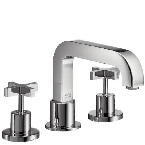 Chromfarbener AXOR-Wannenrandarmatur mit zwei Kreuzgriffen und einem mittleren Wasserhahn, drei separate Komponenten, schlichtes Design.